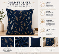Homecrown Blue Velvet Cushion Covers Set of 5 (16x16 Inch) with Golden Leaf Foil Print | Cushion Covers | Homecrown