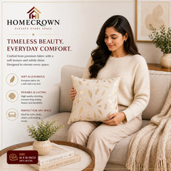 Homecrown White Velvet Cushion Covers Set of 5 (16x16 Inch) with Golden Leaf Foil Print | Cushion Covers | Homecrown