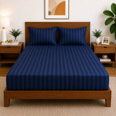 Homecrown Glace Cotton Elastic Fitted Double Bedsheet with 2 Pillow Covers – 360° Fit, Striped Navy Blue | Bedsheet | Homecrown
