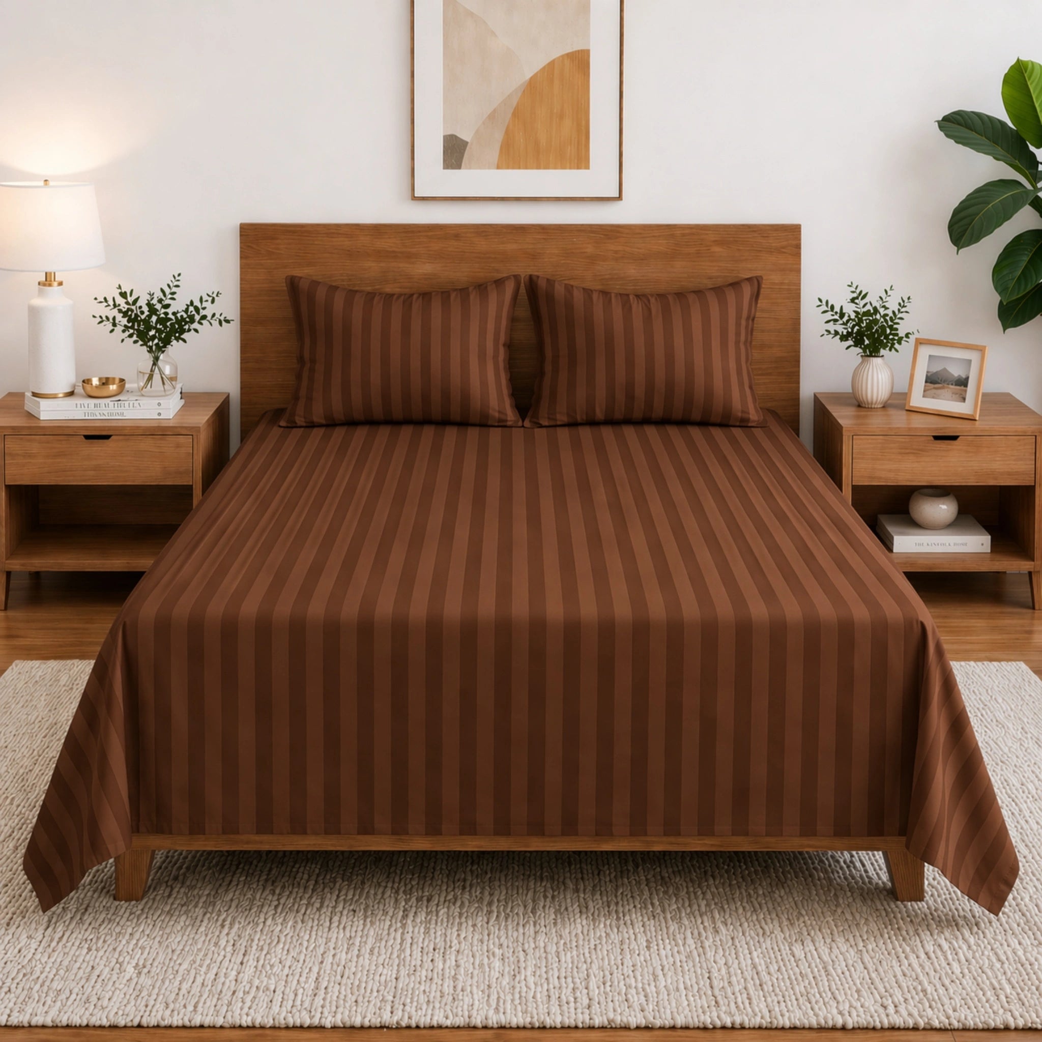 Homecrown Brown Satin Stripe Glace Cotton Double Bedsheet with 2 Pillow Covers (90 x 100 in) | Bedsheet | Homecrown