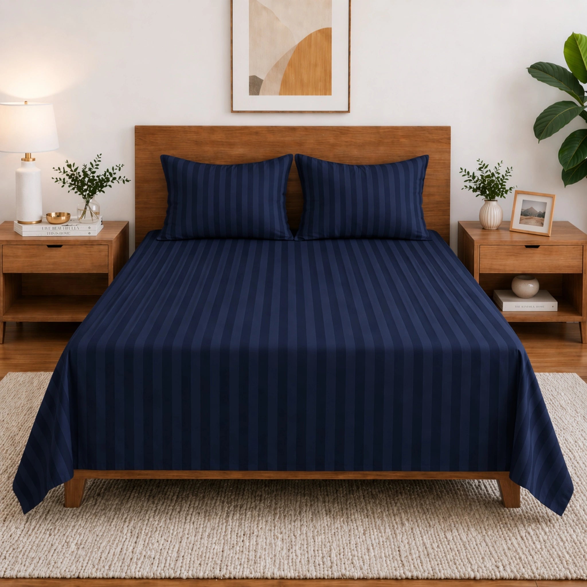 Homecrown Blue Satin Stripe Glace Cotton Double Bedsheet with 2 Pillow Covers (90 x 100 in) | Bedsheet | Homecrown