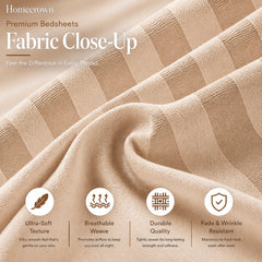 Homecrown Beige Satin Stripe Glace Cotton Double Bedsheet with 2 Pillow Covers (90 x 100 in) | Bedsheet | Homecrown