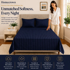 Homecrown Blue Satin Stripe Glace Cotton Double Bedsheet with 2 Pillow Covers (90 x 100 in) | Bedsheet | Homecrown