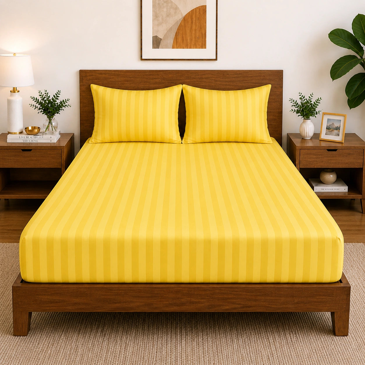 Homecrown Glace Cotton Elastic Fitted Double Bedsheet with 2 Pillow Covers – 360° Fit, Striped Yellow | Bedsheet | Homecrown