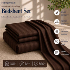 Homecrown Brown Satin Stripe Glace Cotton Double Bedsheet with 2 Pillow Covers (90 x 100 in) | Bedsheet | Homecrown