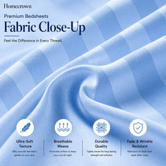 Homecrown Aqua Satin Stripe Glace Cotton Double Bedsheet with 2 Pillow Covers (90 x 100 in) | Bedsheet | Homecrown